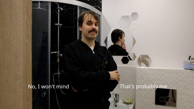 screenshot for the game Pipe Inspector: Plumbocalypse showing a photo of a person with a mustache standing in a bathroom