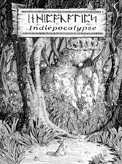 cover for indiepocalypse showing rabbit in a forest with a large crowned beast