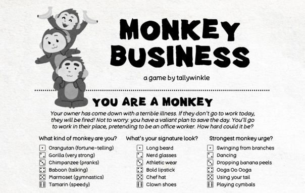 screenshot for the table top RPG showing dice rolls to determine a monkey's characteristics